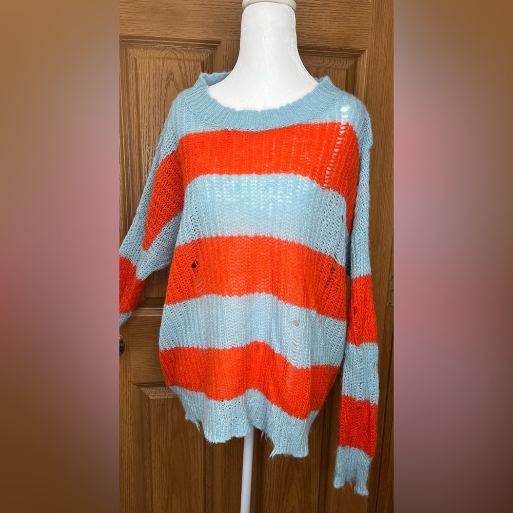 Urban Outfitters Orange and Light Blue Striped Sweater
